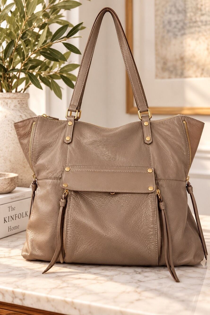 Kooba Everett Large Taupe Leather Shoulder Tote Bag Gold Hardware